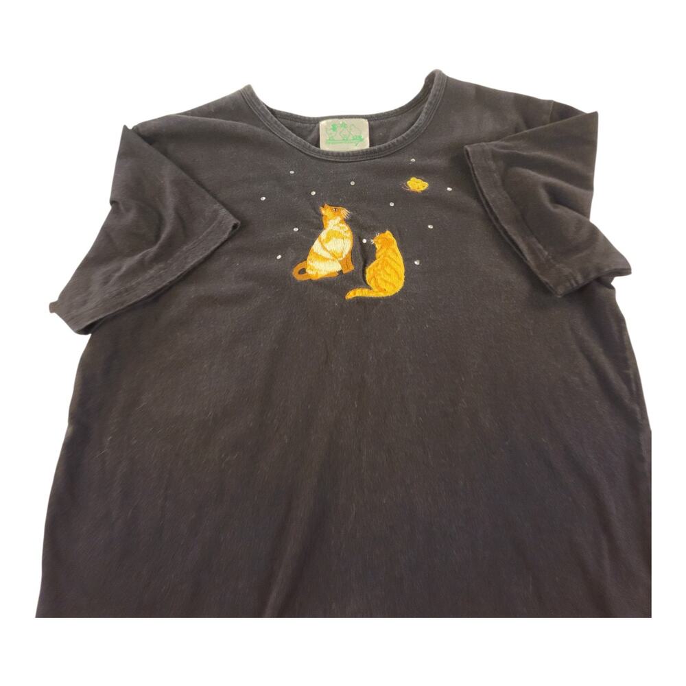 VTG Quacker Factory Cat Embroidered Rhinestone Tee L Whimsical Grandmaecore